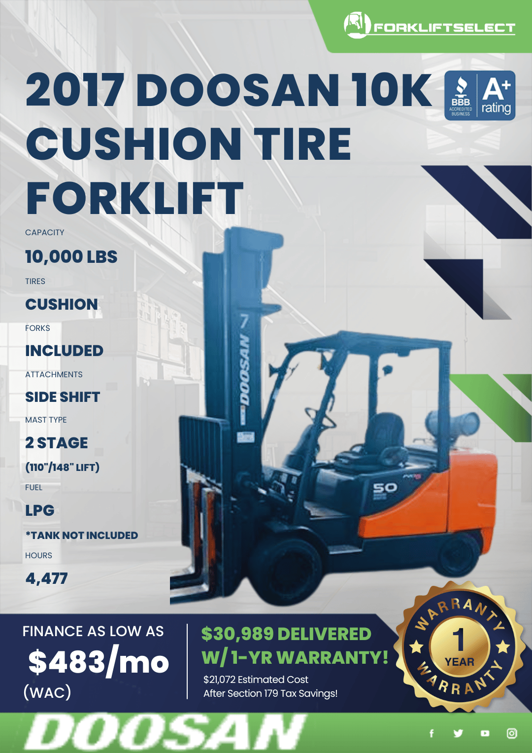 2017 DOOSAN 10K CUSHION TIRE FORKLIFT