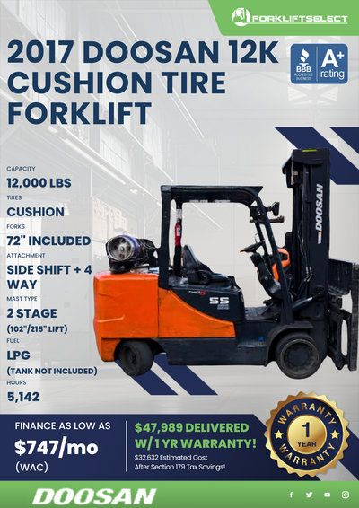 2017 DOOSAN 12K CUSHION TIRE FORKLIFT