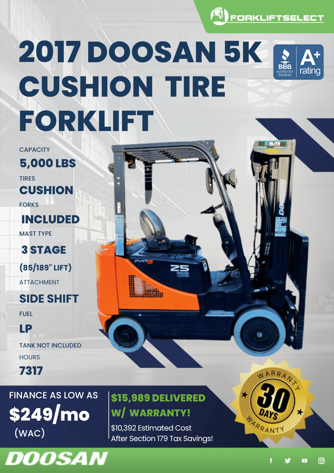 2017 DOOSAN 5K CUSHION TIRE FORKLIFT