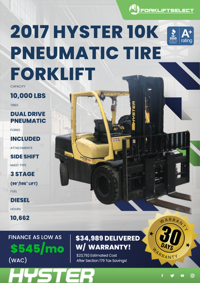 2017 HYSTER 10K PNEUMATIC TIRE FORKLIFT