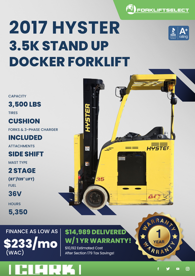 2017 HYSTER 3.5K STAND UP DOCKER FORKLIFT