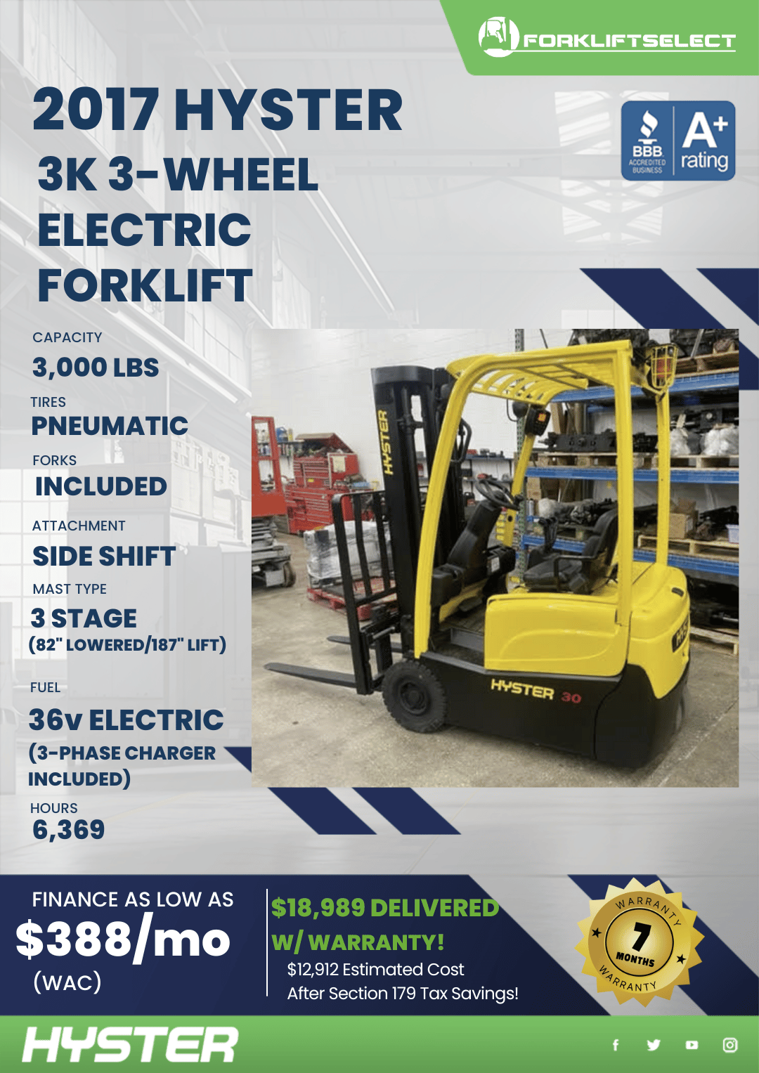 2017 HYSTER 3K PNEUMATIC TIRE FORKLIFT