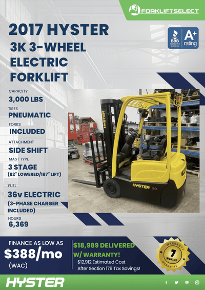 2017 Electric Hyster 3K 3-Wheel Electric Forklift