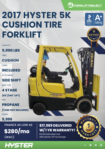 2017 HYSTER 5K CUSHION TIRE FORKLIFT
