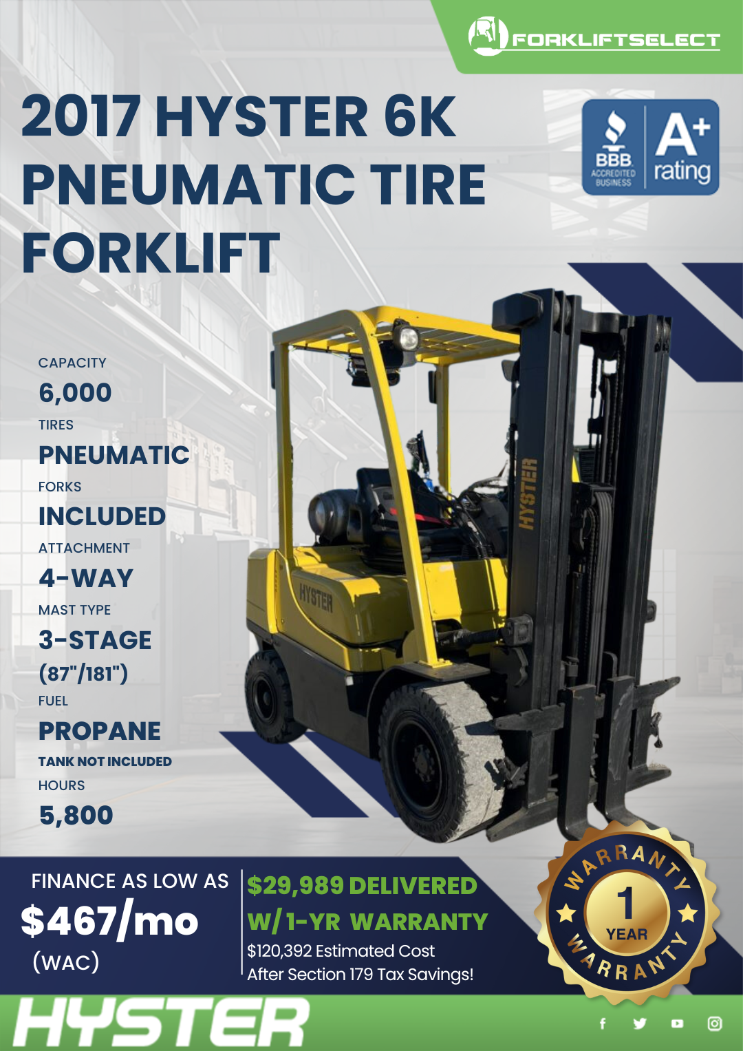 2017 HYSTER 6K PNEUMATIC TIRE FORKLIFT