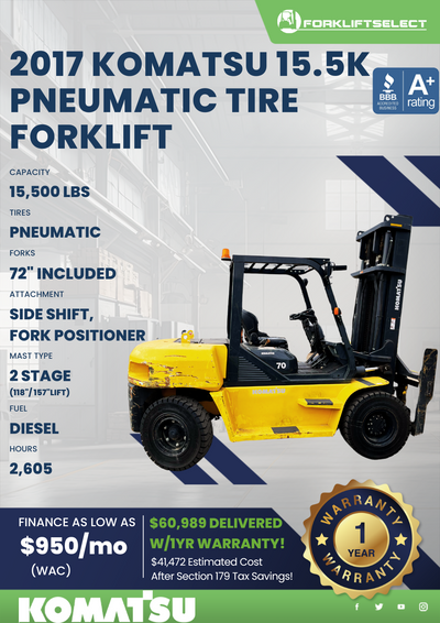 2017 KOMATSU 15.5K PNEUMATIC TIRE FORKLIFT