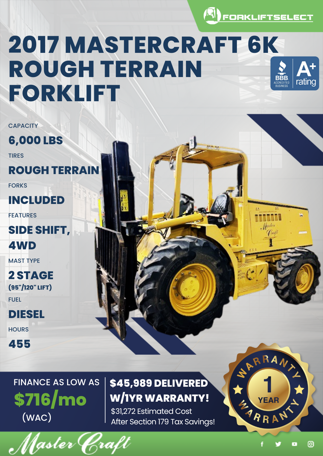 2017 MASTER CRAFT 6K ROUGH TERRAIN FORKLIFT