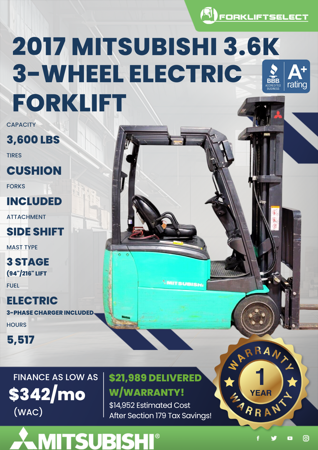 2017 MITSUBISHI 3.6K 3-WHEEL ELECTRIC FORKLIFT