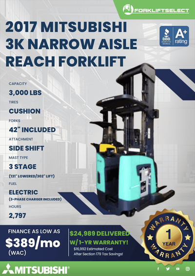 2017 MITSUBISHI 3K NARROW AISLE REACH FORKLIFT