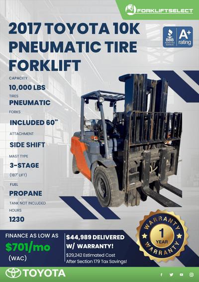 2017 TOYOTA 10K PNEUMATIC TIRE FORKLIFT