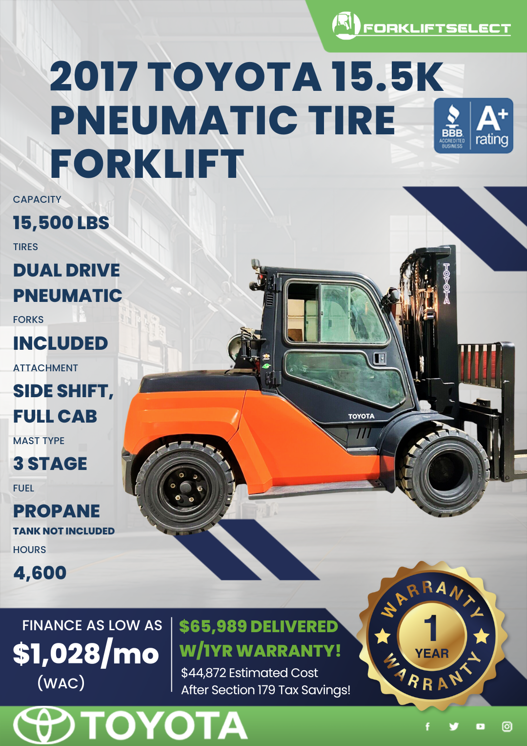 2017 TOYOTA 15.5K PNEUMATIC TIRE FORKLIFT