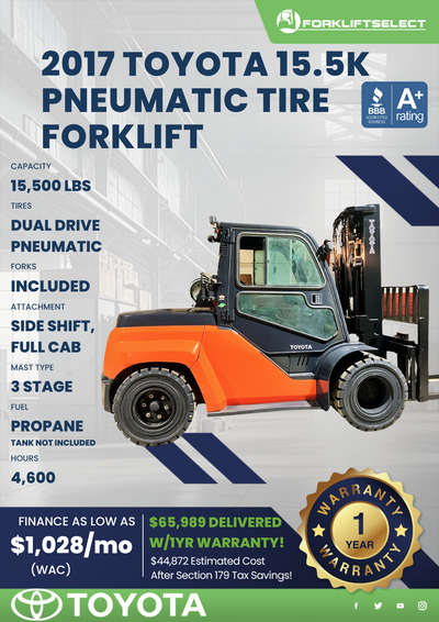 2017 TOYOTA 15.5K PNEUMATIC TIRE FORKLIFT