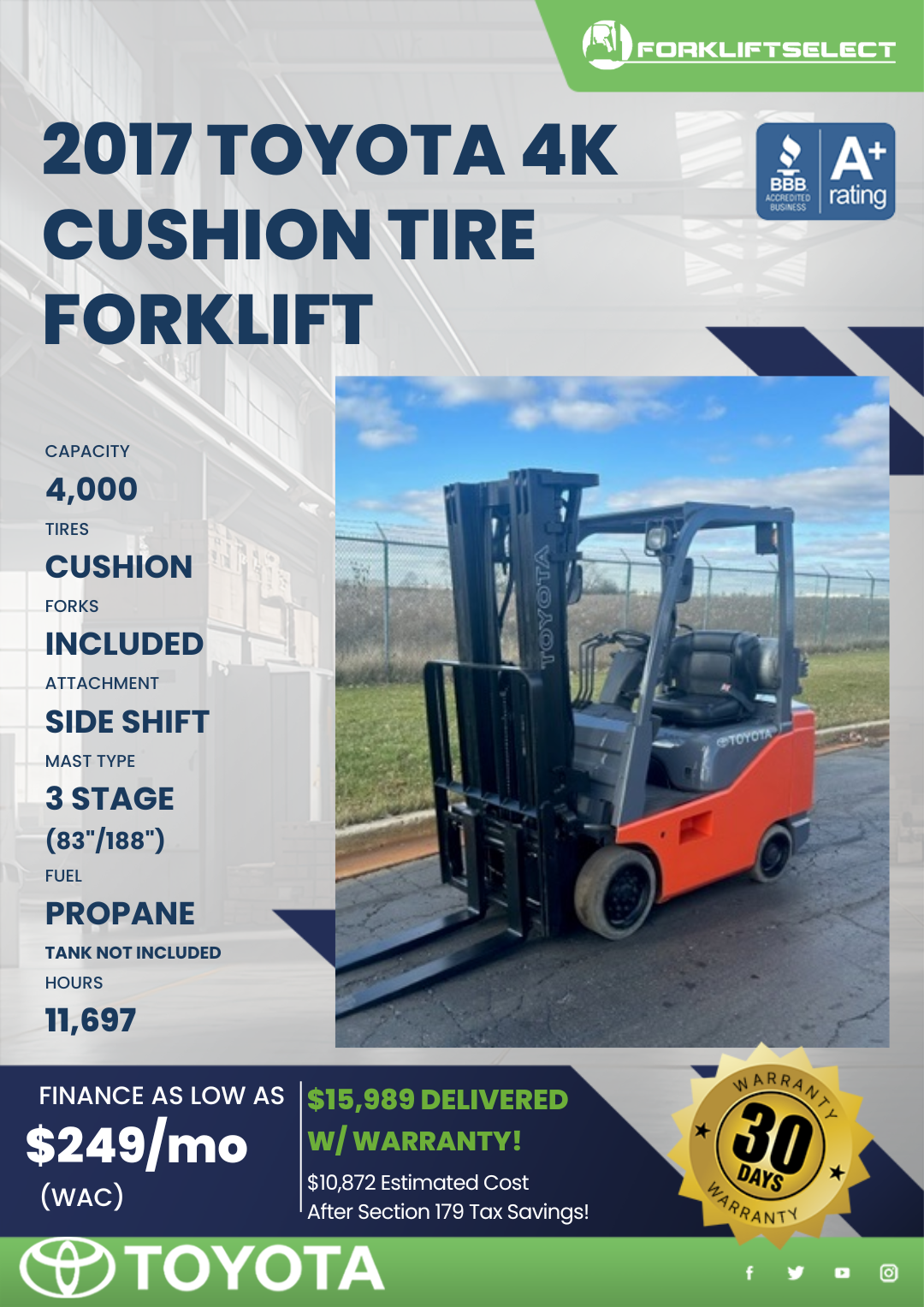 2017 TOYOTA 4K CUSHION TIRE FORKLIFT