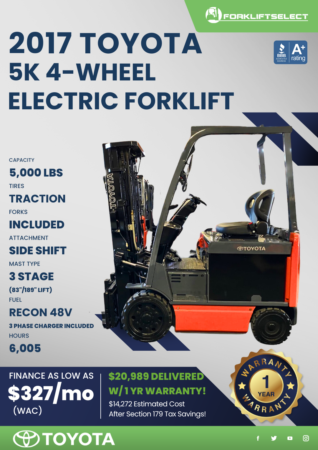 2017 TOYOTA 5K 4-WHEEL ELECTRIC FORKLIFT