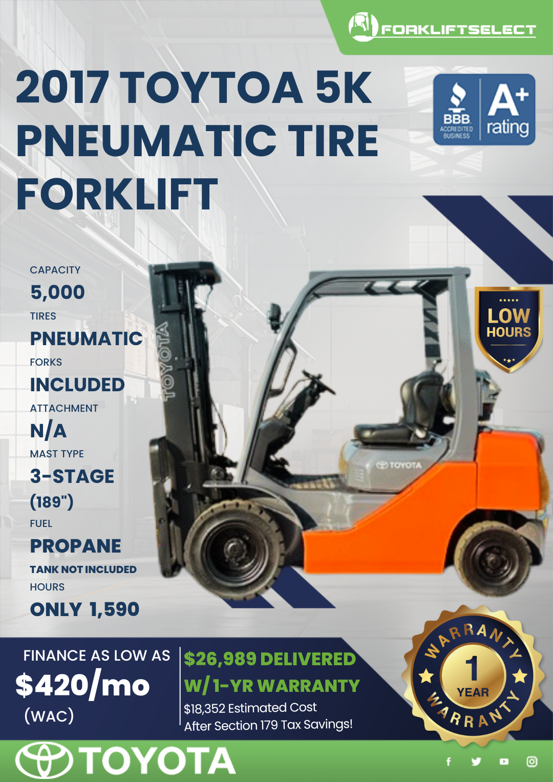 2017 TOYOTA 5K PNEUMATIC TIRE FORKLIFT