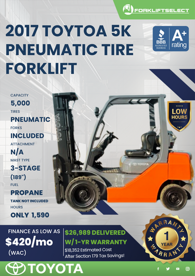 2017 TOYOTA 5K PNEUMATIC TIRE FORKLIFT