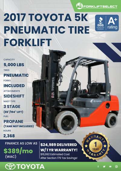 2017 TOYOTA 5K PNEUMATIC TIRE FORKLIFT