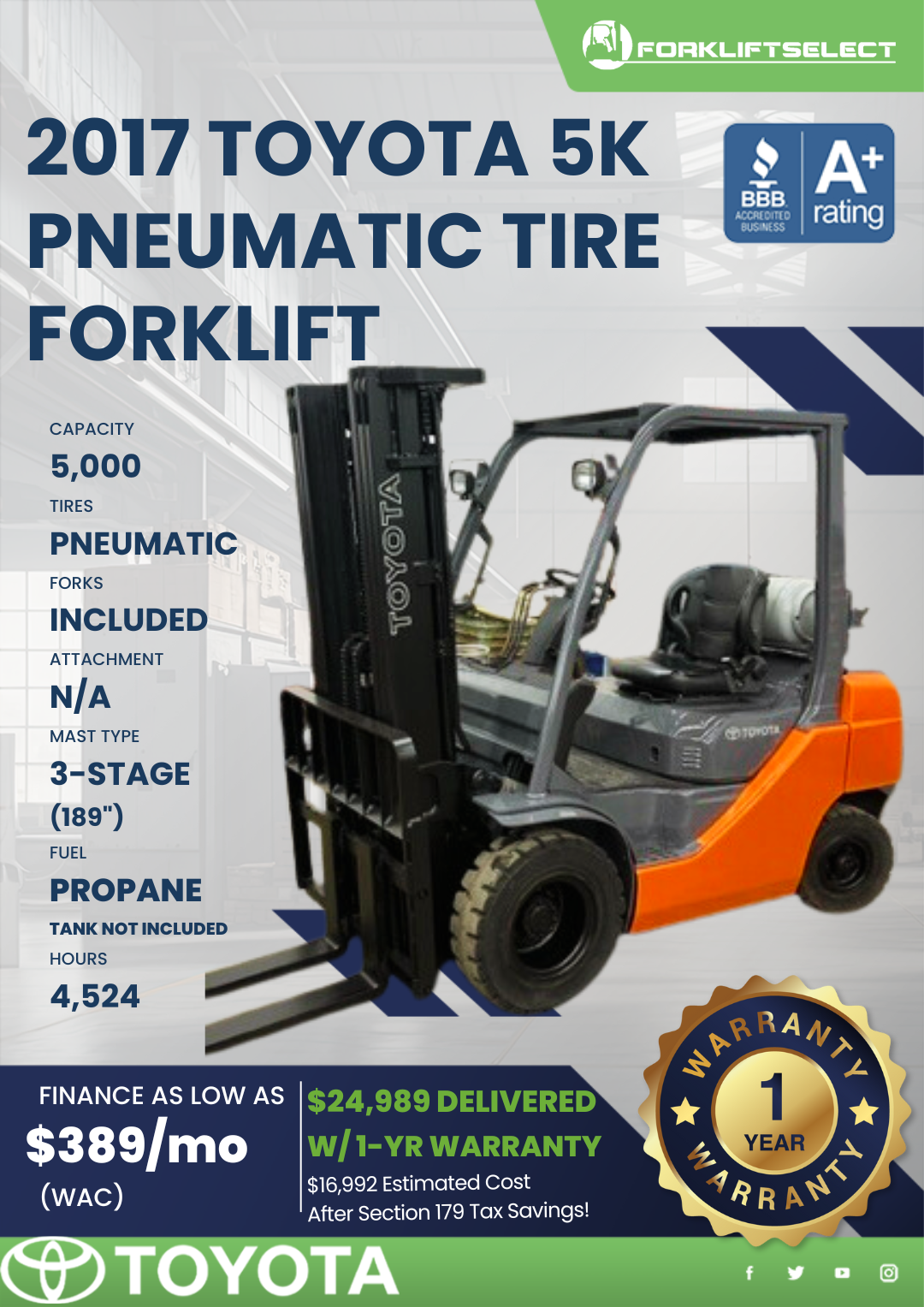 2017 TOYOTA 5K PNEUMATIC TIRE FORKLIFT