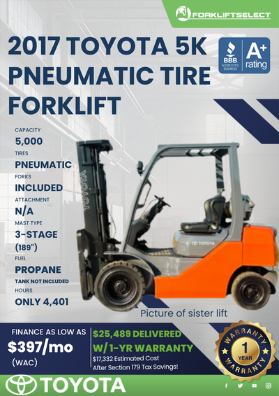 2017 TOYOTA 5K PNEUMATIC TIRE FORKLIFT