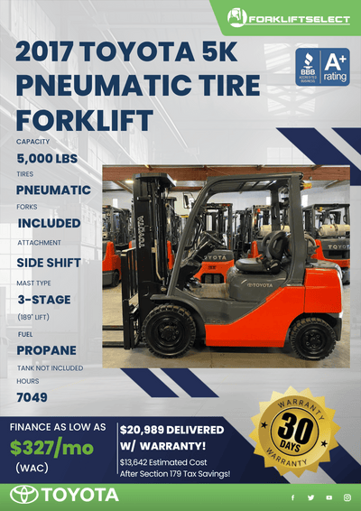 2017 TOYOTA 5K PNEUMATIC TIRE FORKLIFT