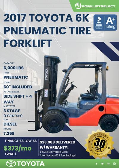 2017 TOYOTA 6K PNEUMATIC TIRE FORKLIFT