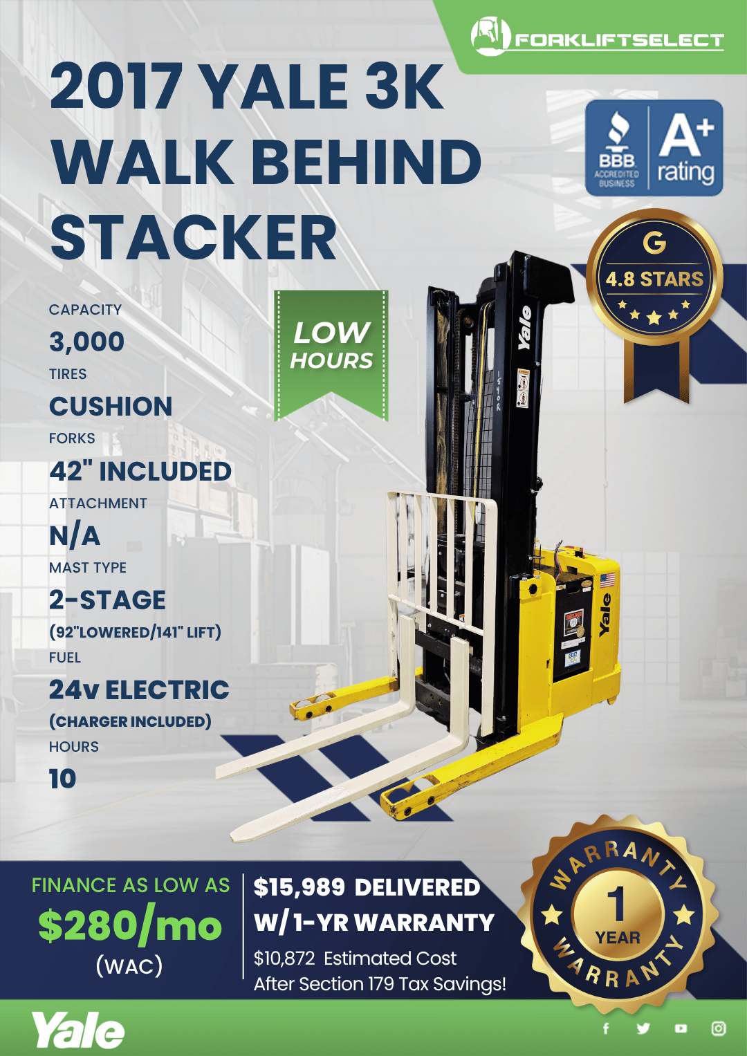 2017 YALE 3K WALK BEHIND STACKER