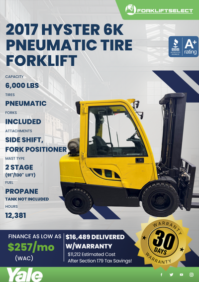 2017 HYSTER 6K PNEUMATIC TIRE FORKLIFT