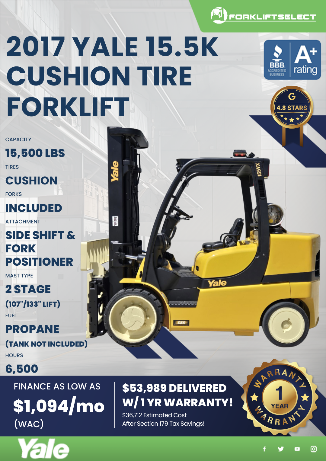 2017 YALE 15.5K CUSHION TIRE FORKLIFT