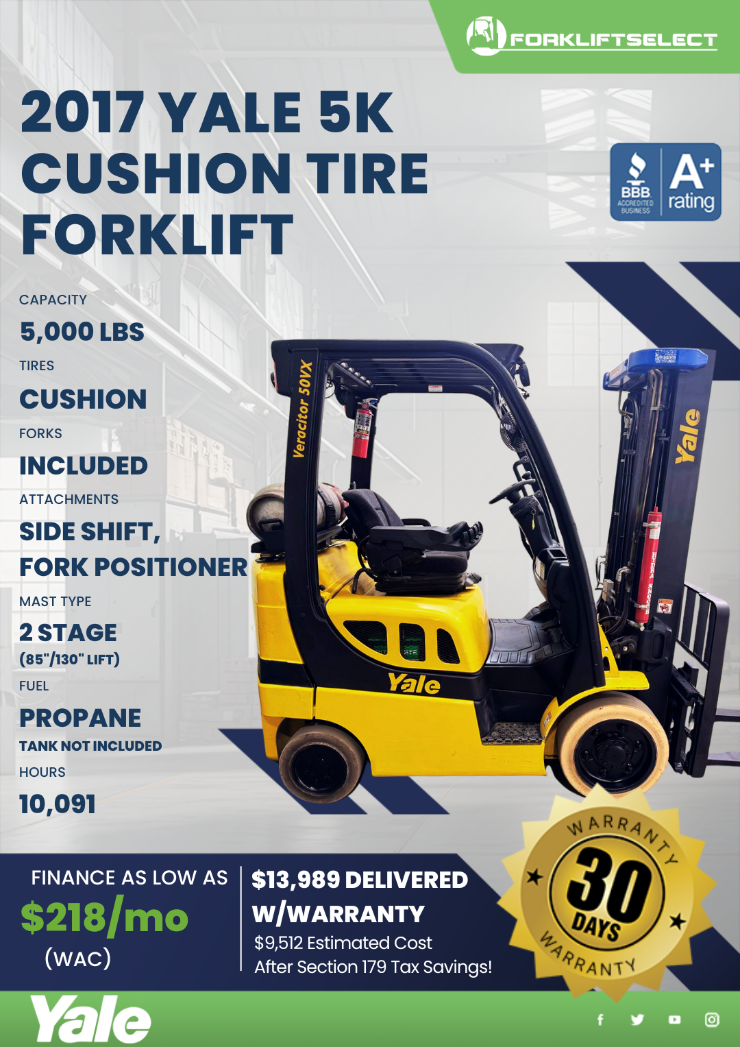 2017 YALE 5K CUSHION TIRE FORKLIFT
