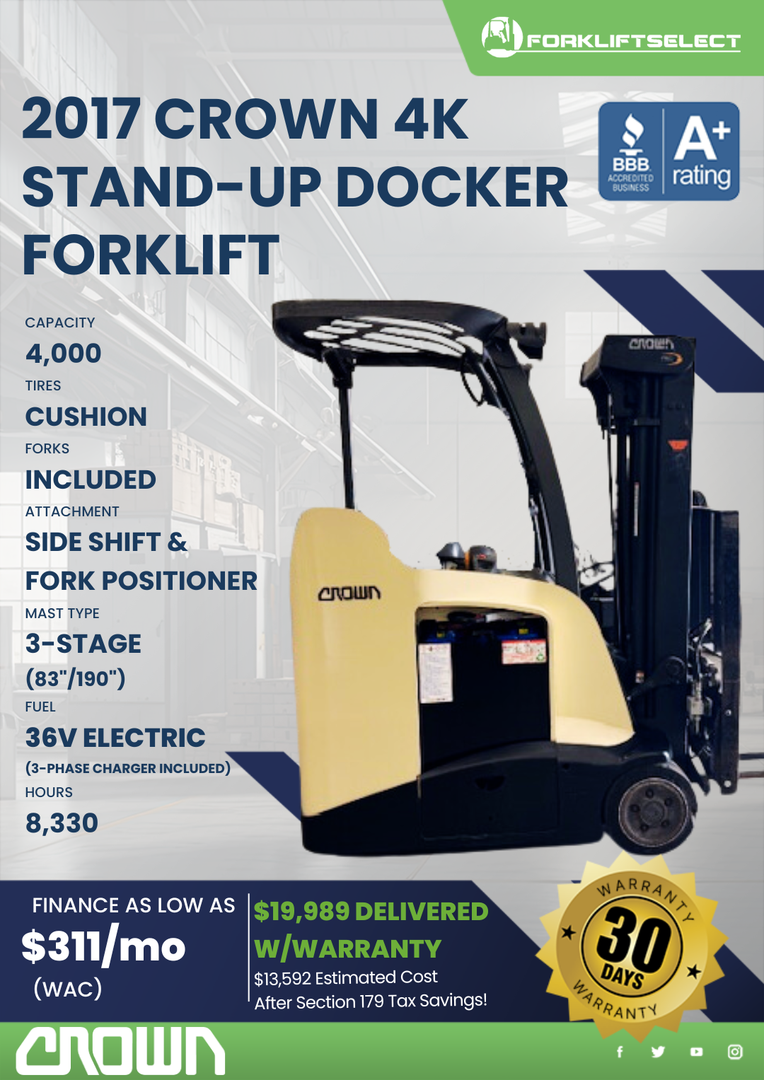 2017 CROWN 4K CUSHION TIRE FORKLIFT