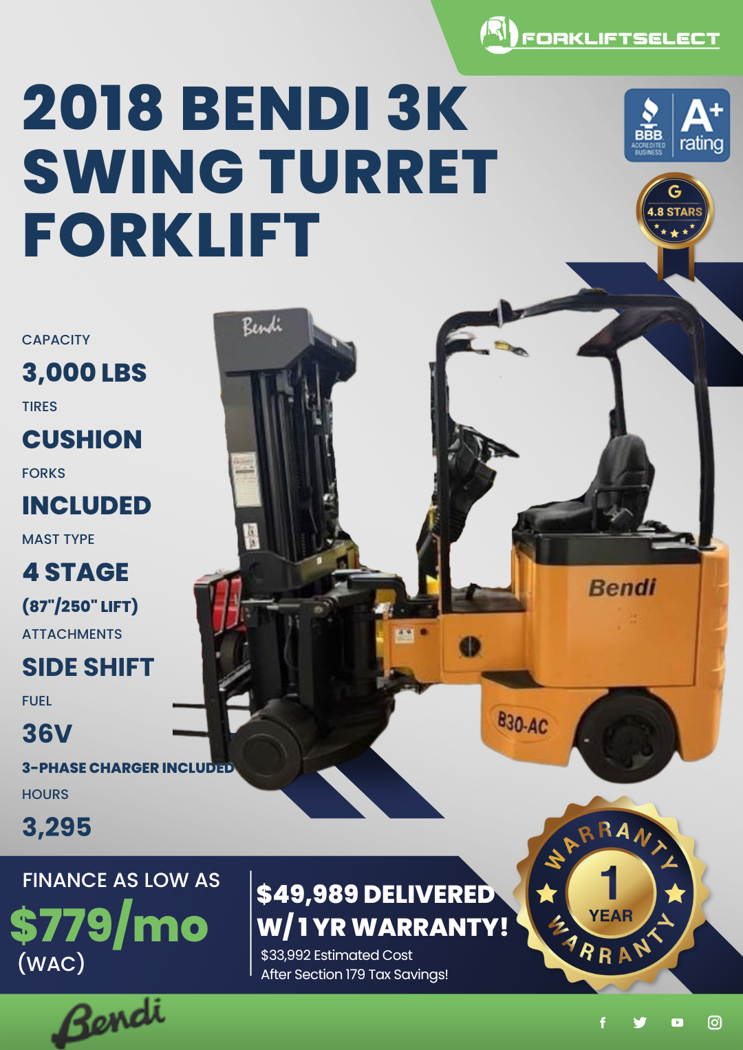 2018 BENDI 3K SWING TURRET FORKLIFT