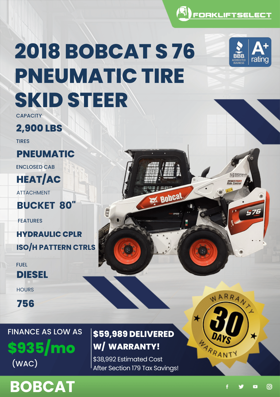 2018 BOBCAT S 76 PNEUMATIC TIRE SKID STEER