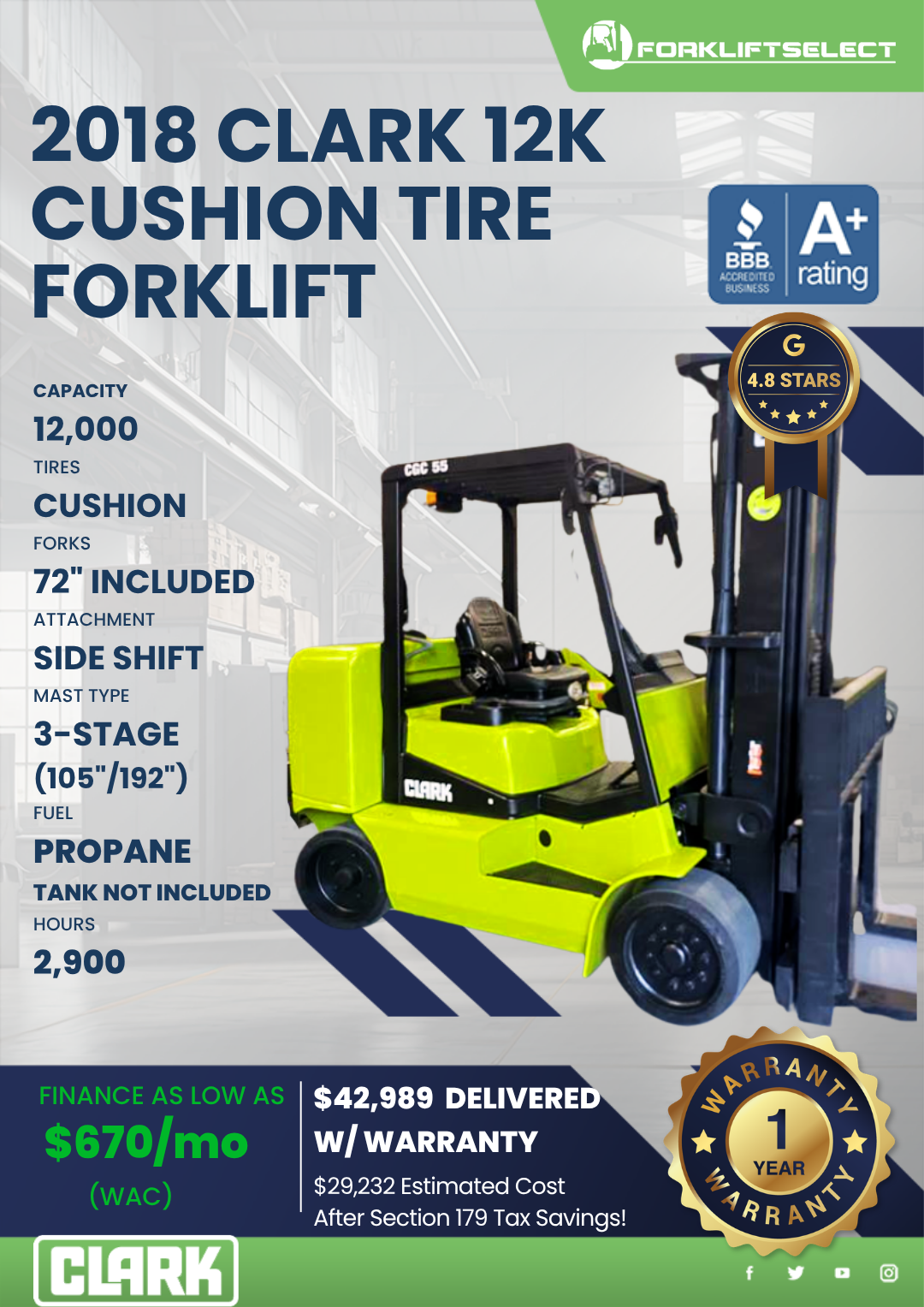 2018 CLARK 12K CUSHION TIRE FORKLIFT