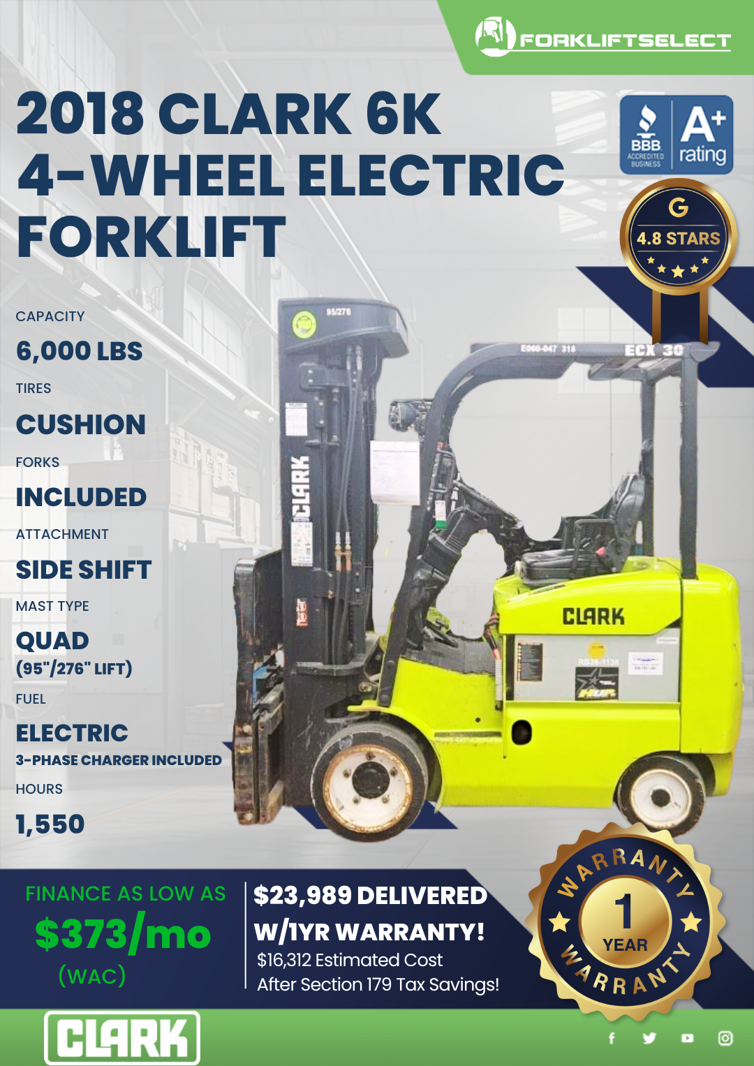 2018 CLARK 6K 4- WHEEL ELECTRIC FORKLIFT