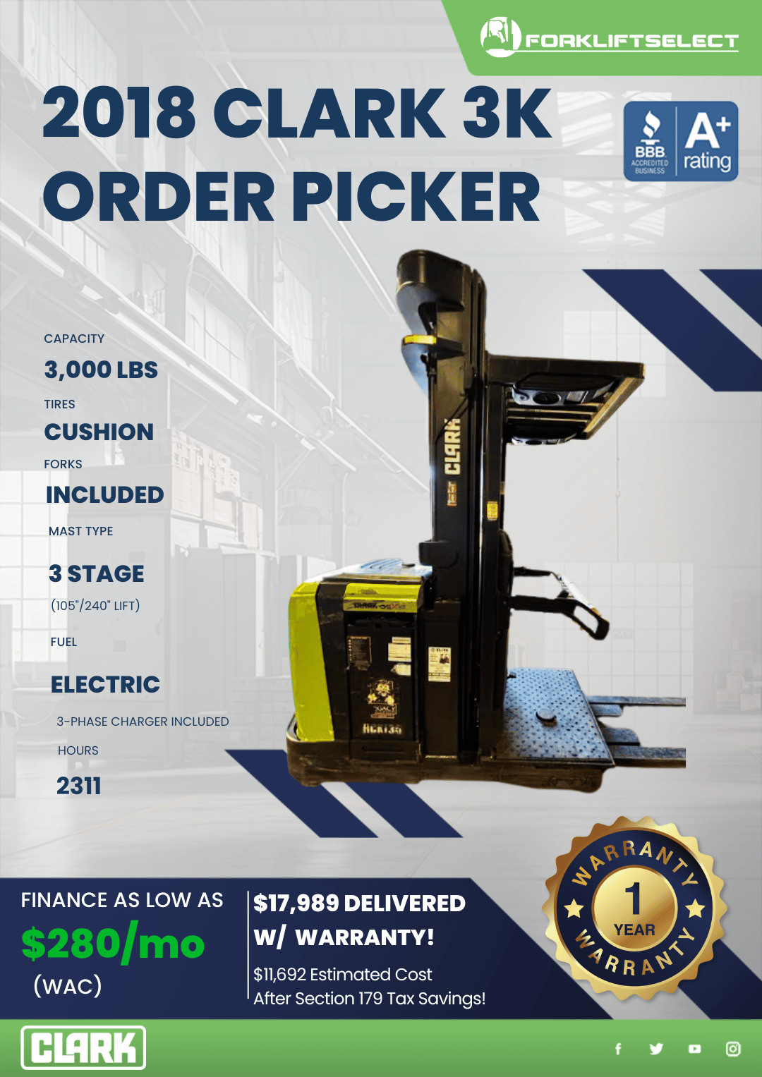 2018 CLARK 3K ORDER PICKER