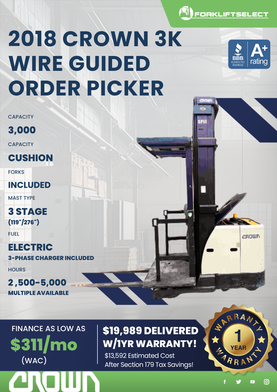 2018 CROWN 3K WIRE GUIDED ORDER PICKER