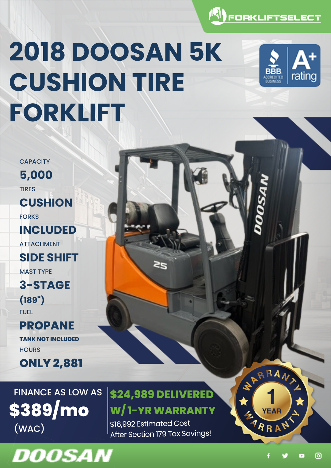 2018 DOOSAN 5K CUSHION TIRE FORKLIFT