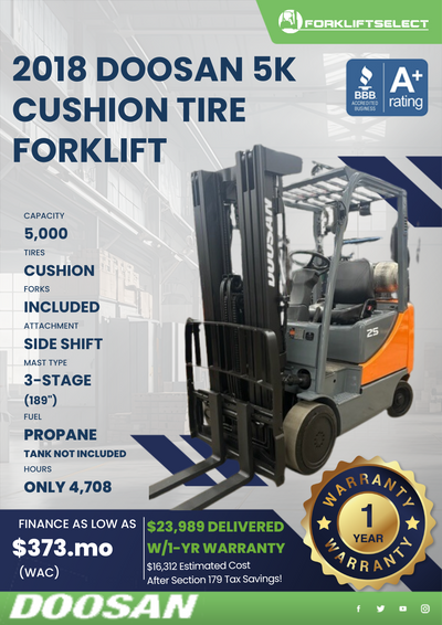 2018 DOOSAN 5K CUSHION TIRE FORKLIFT