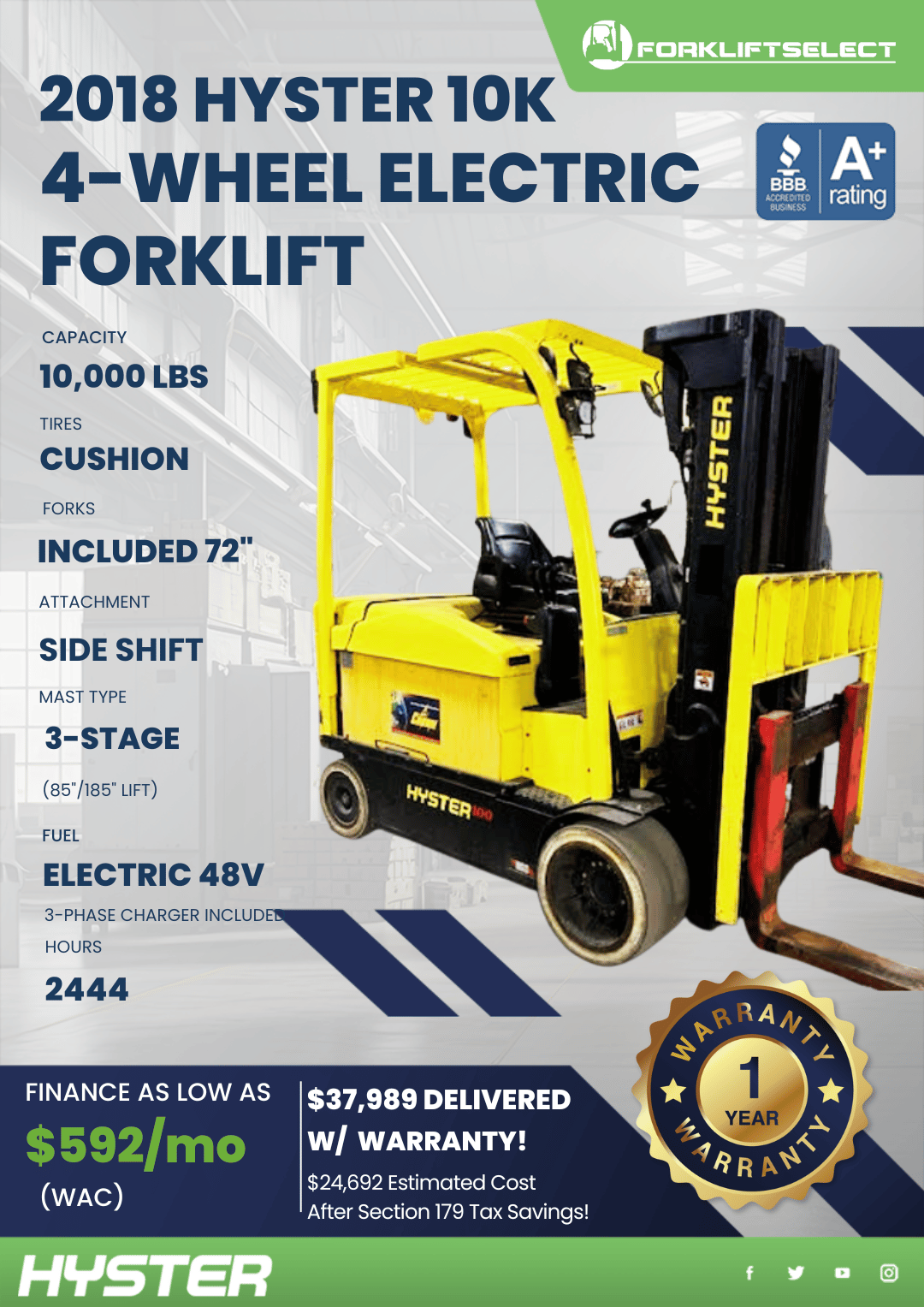 2018 HYSTER 10K 4-WHEEL ELECTRIC FORKLIFT