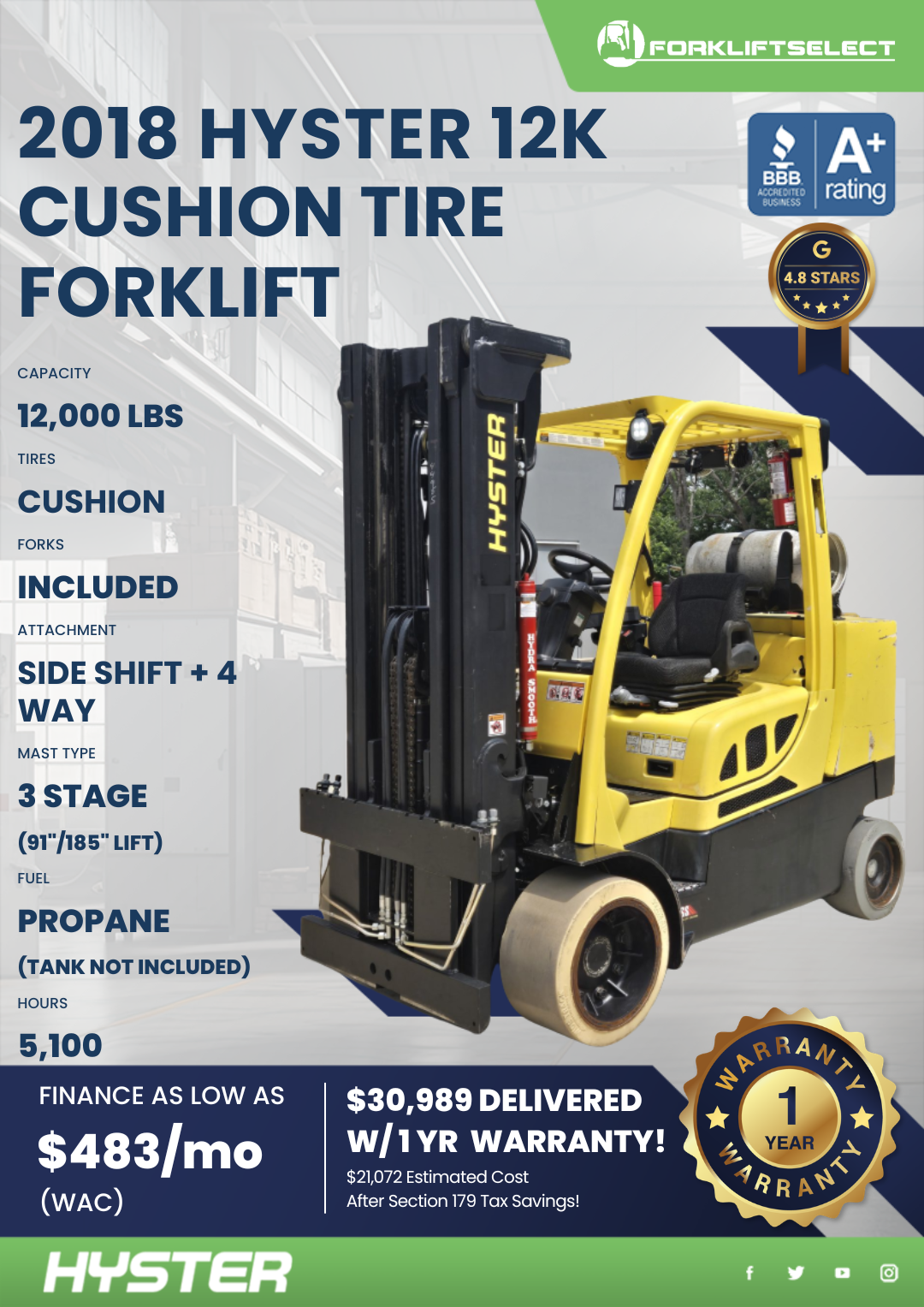 2018 HYSTER 12K CUSHION TIRE FORKLIFT