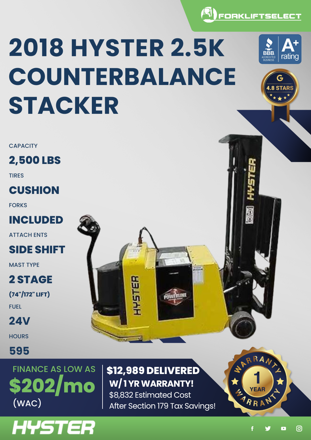 2018 HYSTER 2.5K COUNTERBALANCE STACKER