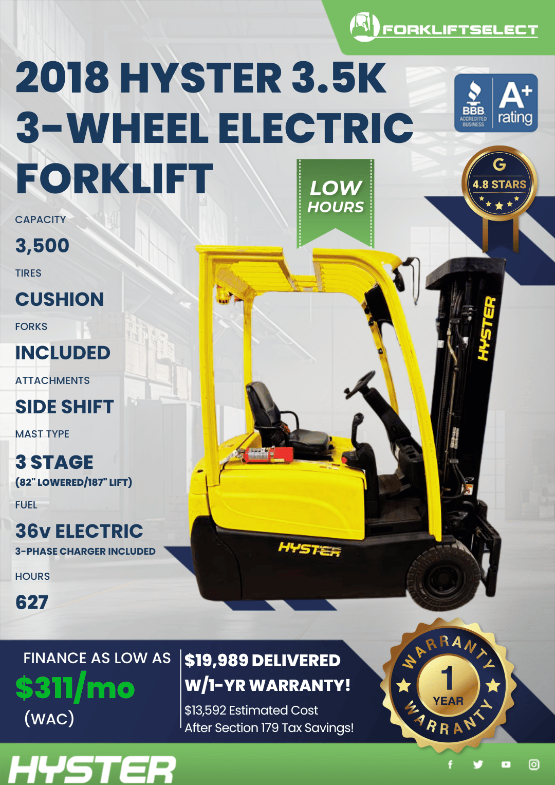 2018 HYSTER 3.5K 3-WHEEL ELECTRIC FORKLIFT