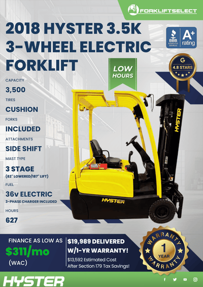 2018 HYSTER 3.5K 3-WHEEL ELECTRIC FORKLIFT