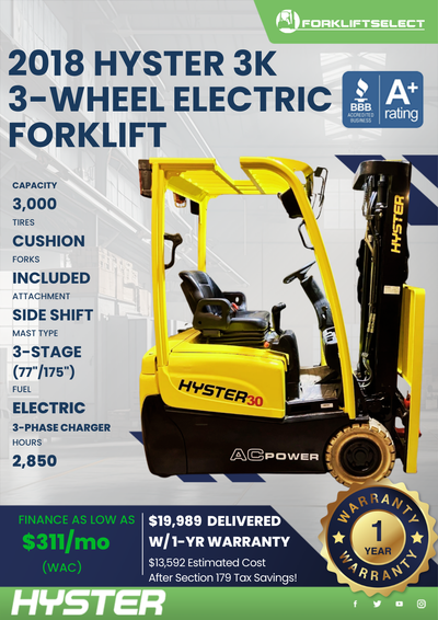 2018 HYSTER 3K 3-WHEEL ELECTRIC FORKLIFT