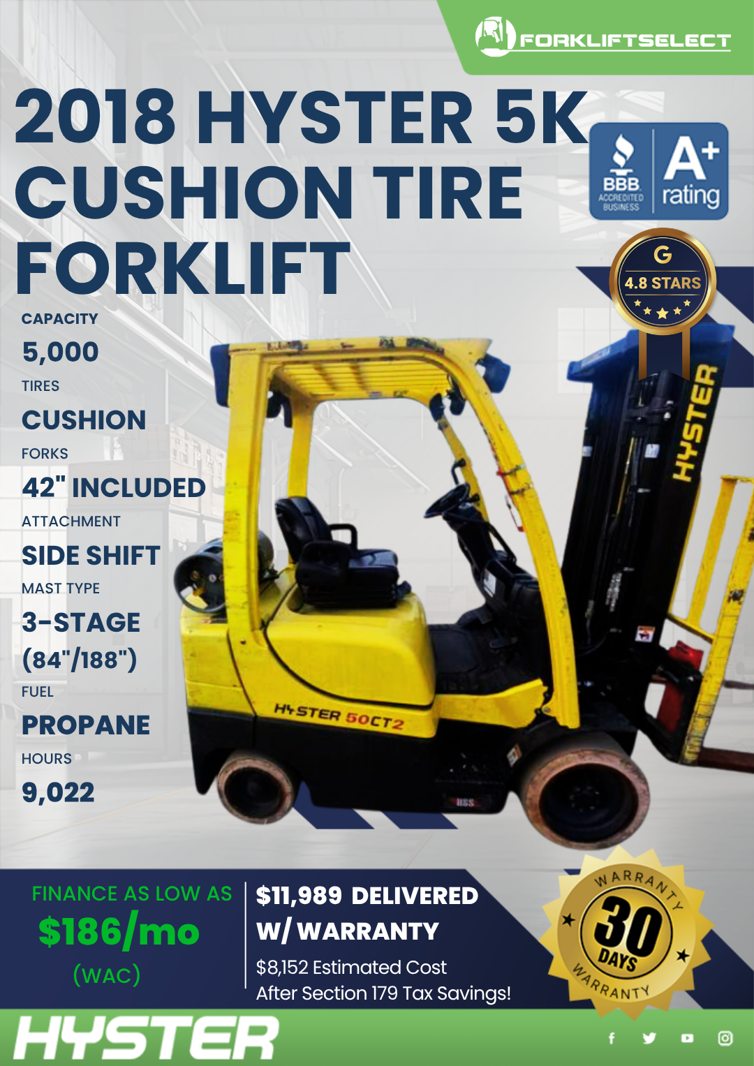 2018 HYSTER 5K CUSHION TIRE FORKLIFT