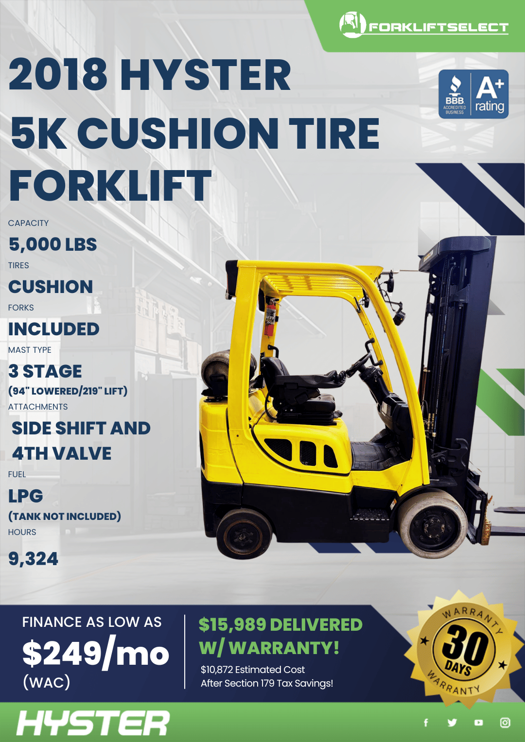 2018 HYSTER 5K CUSHION TIRE FORKLIFT