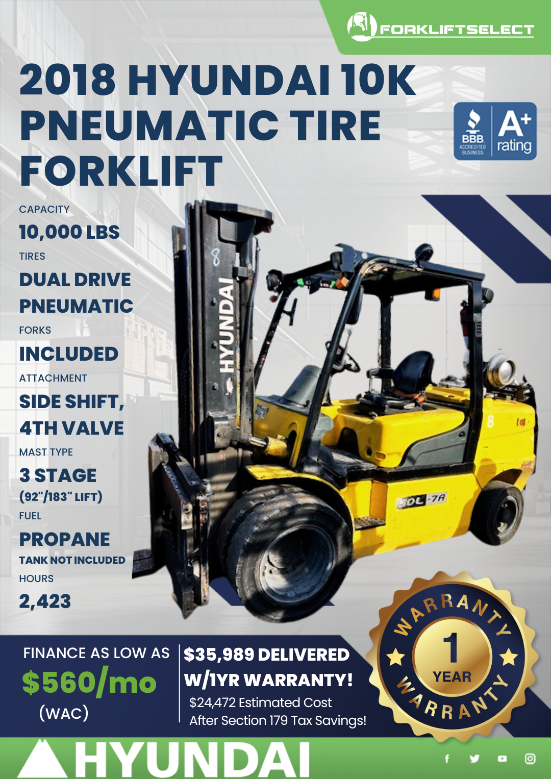 2018 HYUNDAI 10K PNEUMATIC TIRE FORKLIFT