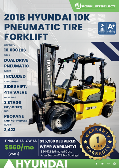 2018 HYUNDAI 10K PNEUMATIC TIRE FORKLIFT