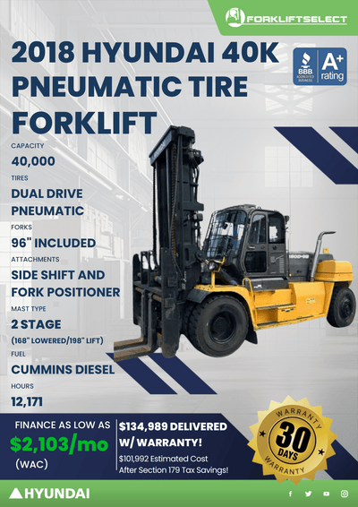 2018 HYUNDAI 40K PNEUMATIC TIRE FORKLIFT