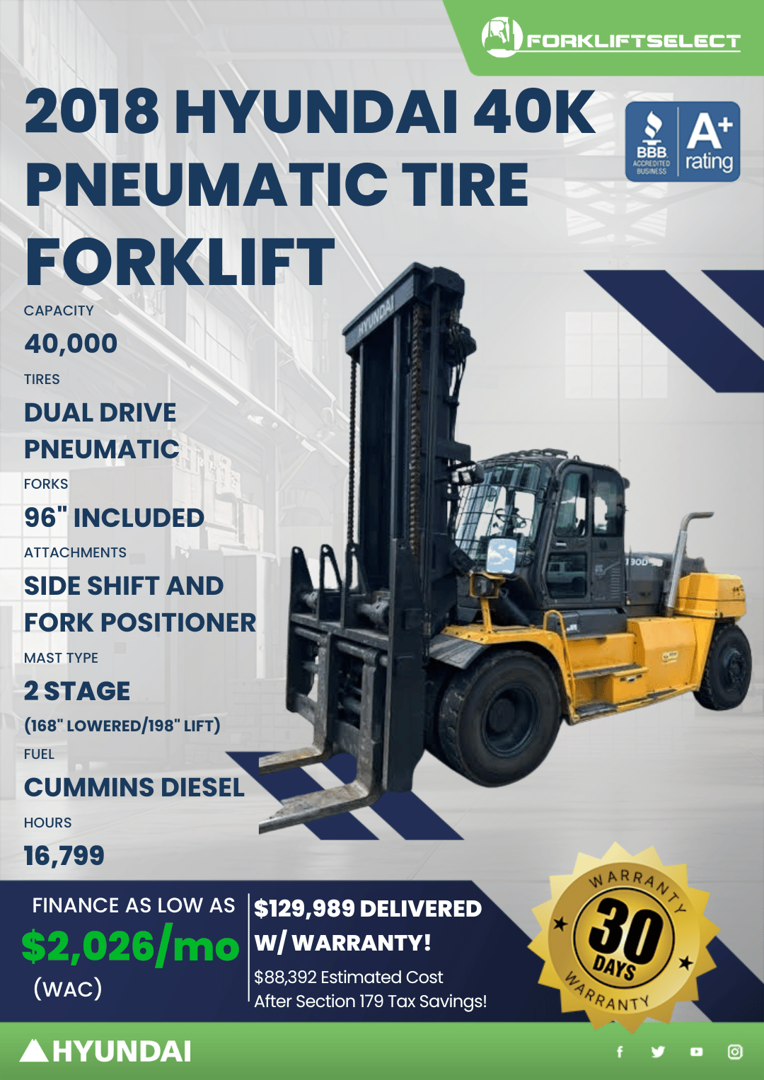 2018 HYUNDAI 40K PNEUMATIC TIRE FORKLIFT